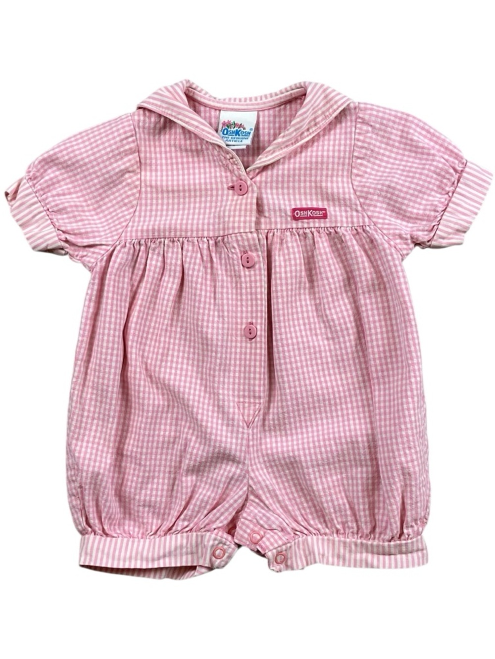 Vintage OshKosh Bubble Romper 6-9 Month Pink Gingham Sailor Collar 100% Cotton